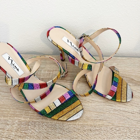 Nina Vanna Ankle Strap Evening Sandals Heels Rainbow Stripe Formal Size 8.5 - Picture 4 of 9